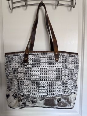 MYRA TOTE Black, White & Gray Woven Tote with Brown Leather Straps